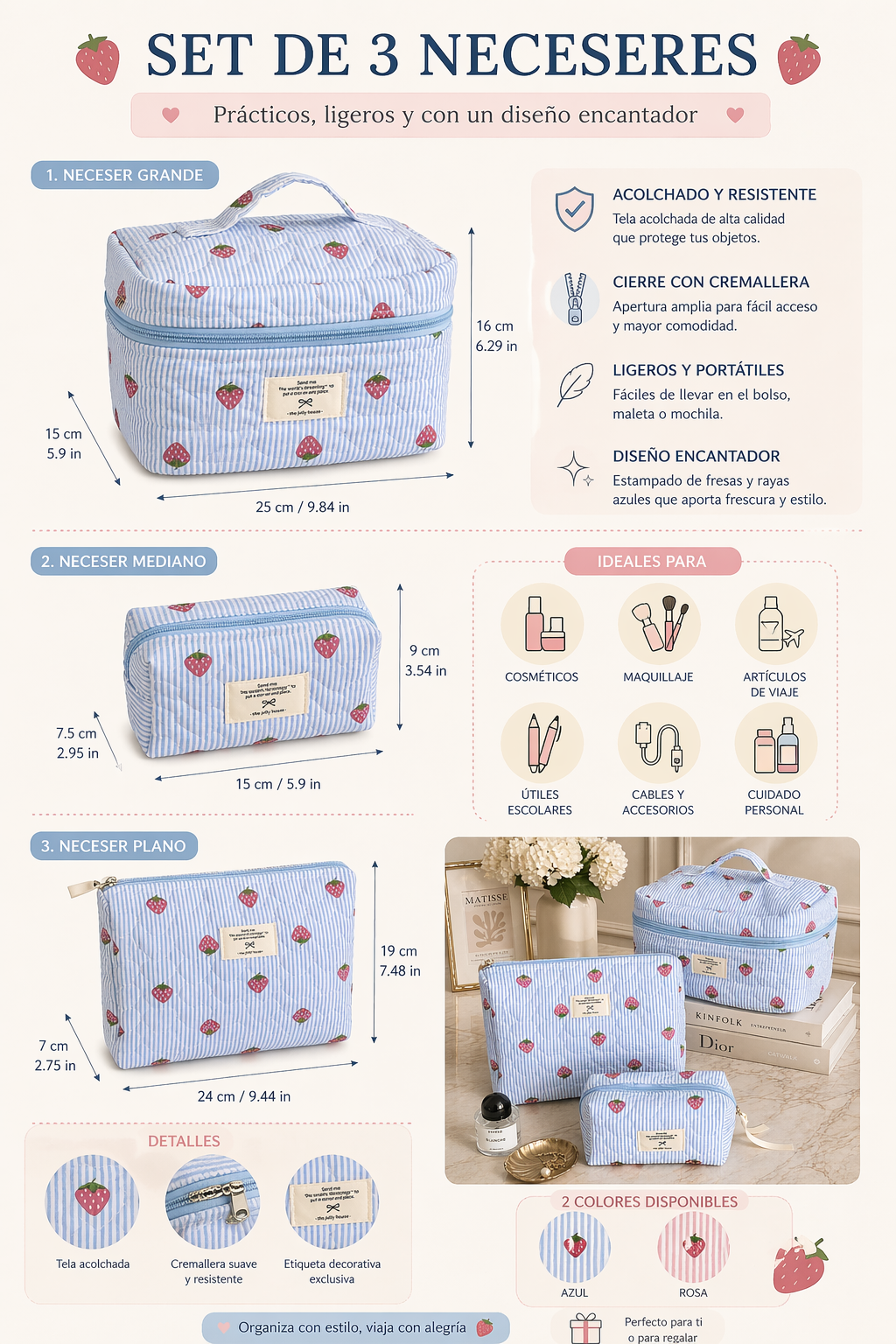 Set de 3 Neceseres con Diseño de Fresas