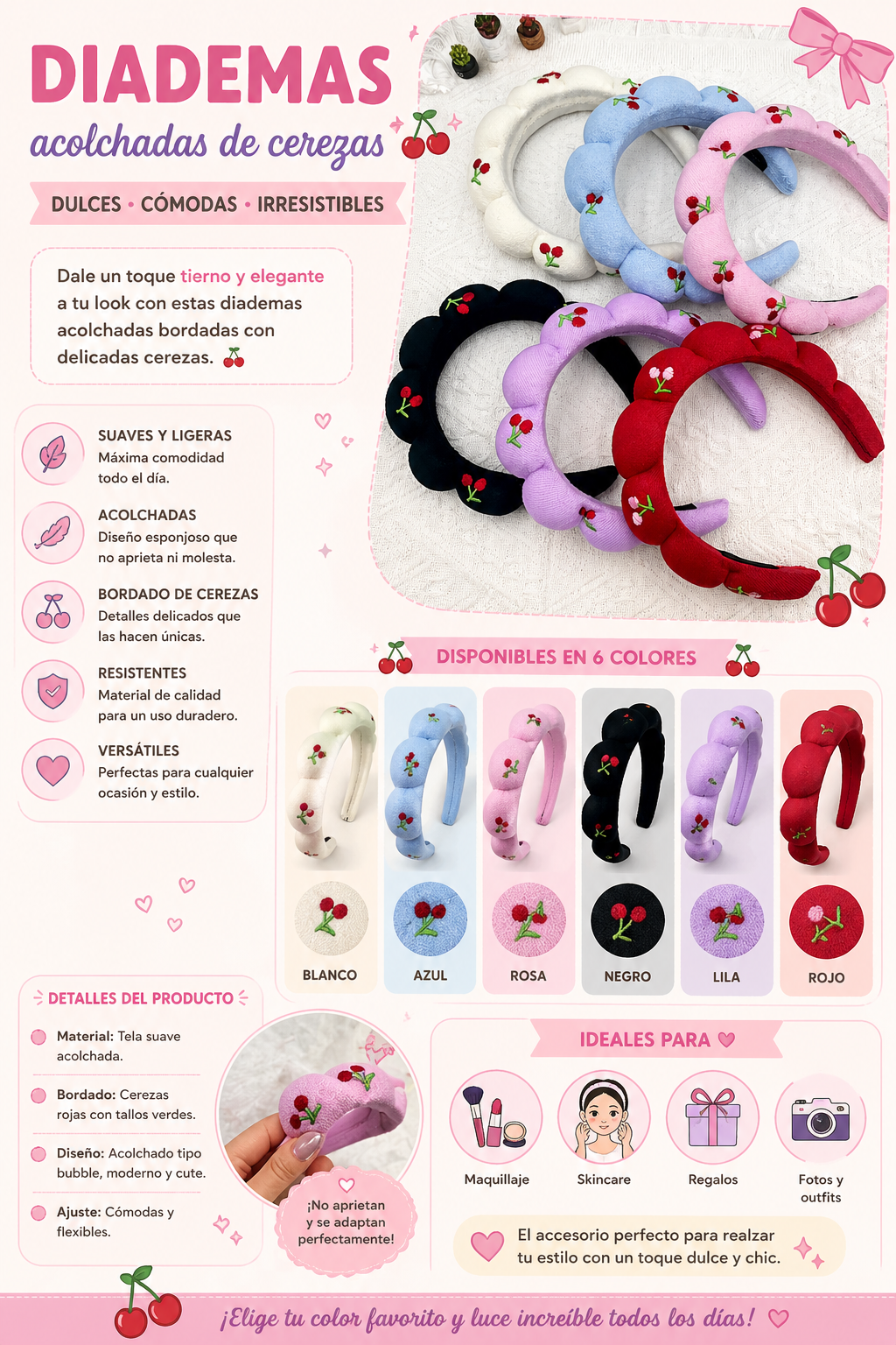 Diademas acolchadas de cerezas